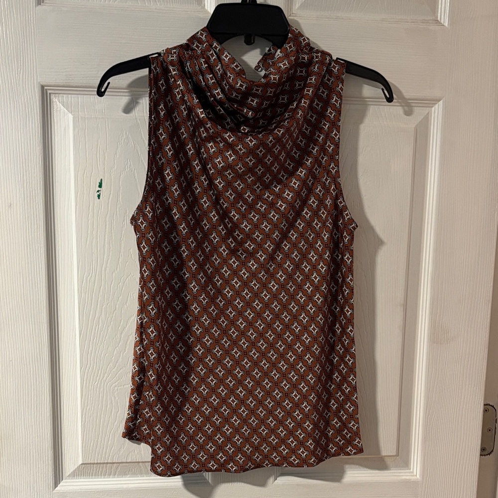bishop + young Satin Brown High Neck Geometric Print Sleeveless Blouse S